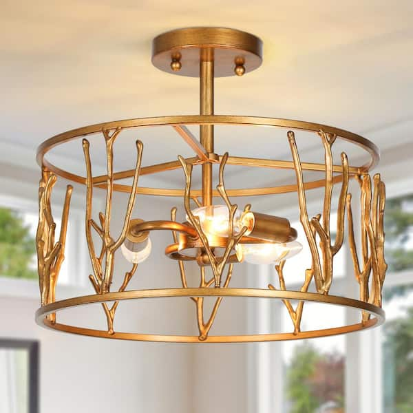 LNC 14 in. 3-Light Brushed Antique Gold Drum Semi-Flush Mount Light Vintage Kitchen Island Bedroom Ceiling Light Fixture