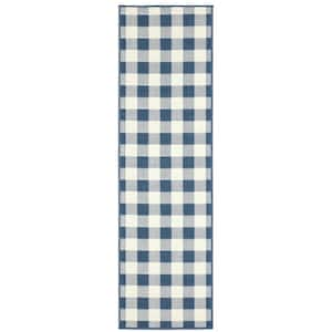 Messina Blue/Ivory 2 ft. x 8 ft. Geometric Gingham Check Polypropylene Indoor/Outdoor Runner Area Rug