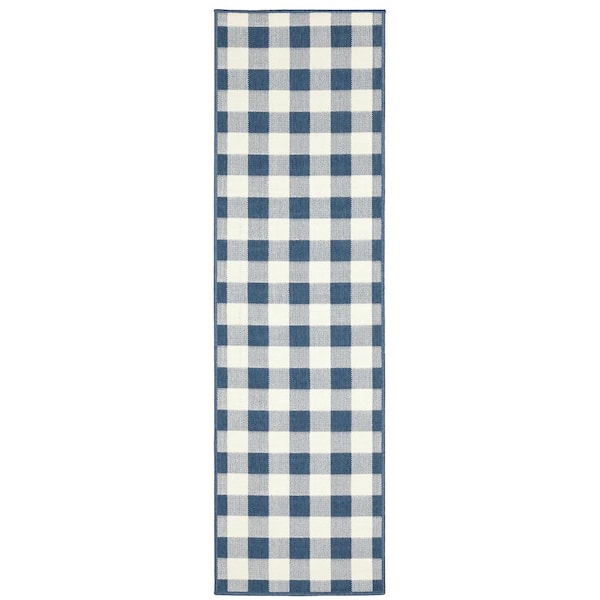 Messina Blue/Ivory 2 ft. x 8 ft. Geometric Gingham Check Polypropylene Indoor/Outdoor Runner Area Rug