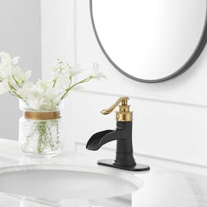 Waterfall Single Hole Single Handle Low-Arc Bathroom Faucet With Pop-up Drain Assembly In Matte Black