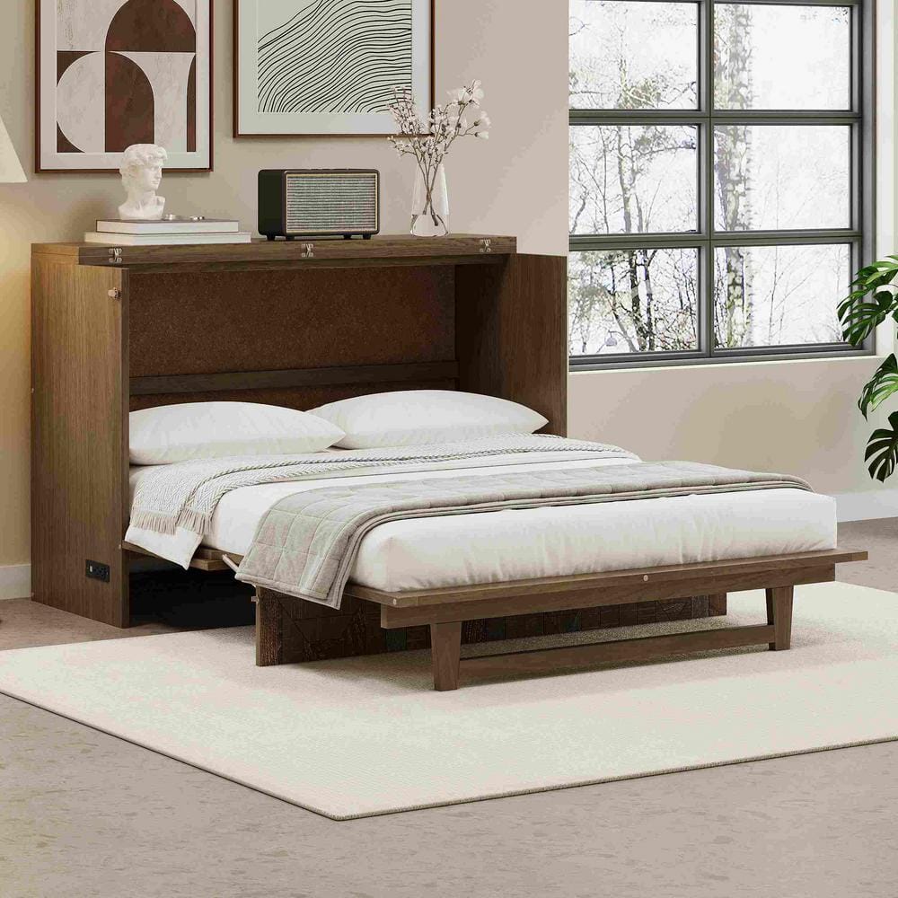Polibi Brown Wood Frame Full Murphy Bed with Charging Station and ...