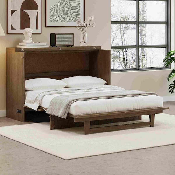 Brown Wood Frame Queen Murphy Bed with Charging Station and Drawer, Foldable Murphy Bed
