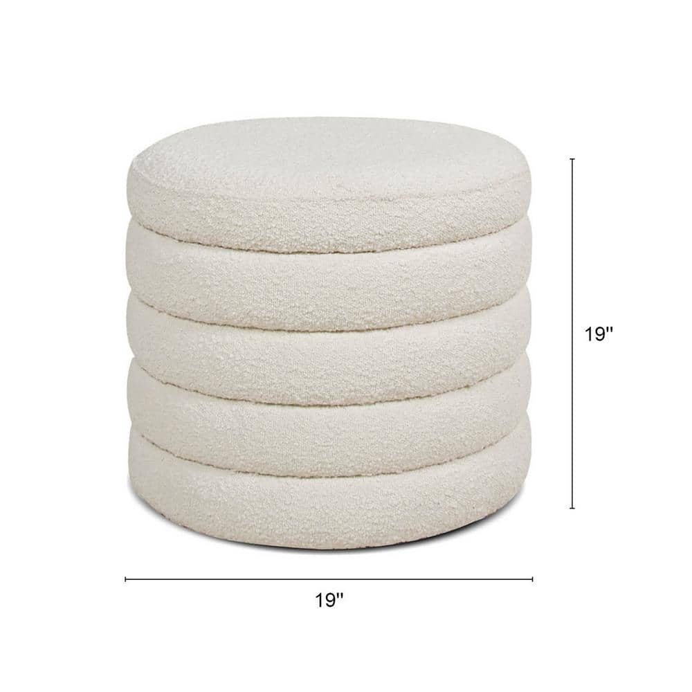 Ivory White 19" Round Boucle Storage Ottoman