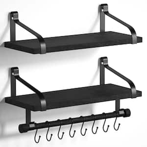 Floating Shelves Set of 2-for Coffee Bar, Bathroom Shelves with Towel Bar, Wall Shelves with 8 Hooks for Kitchen