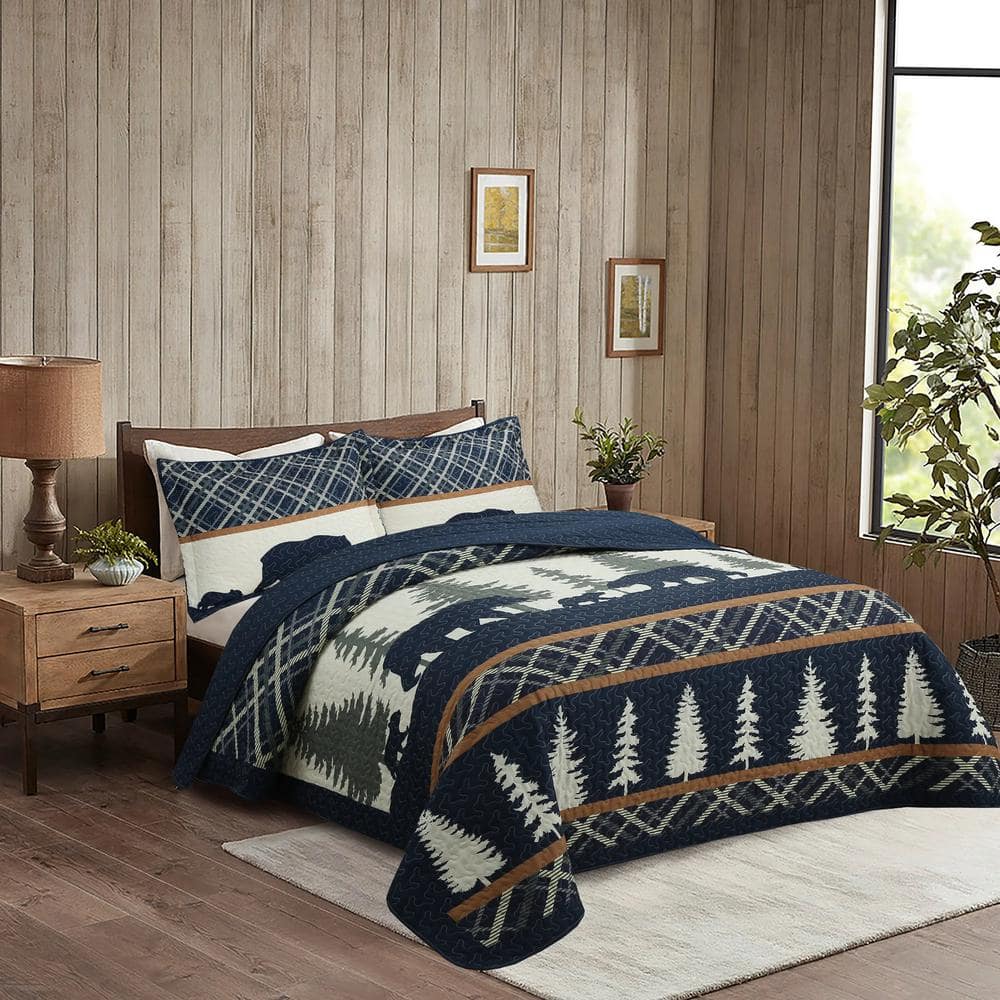 King Blue Reversible Rustic Lodge Quilt Set
