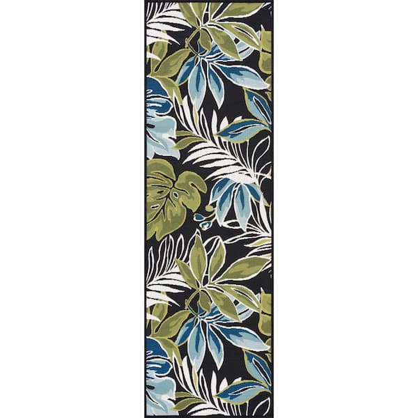 Stunning Black 2 ft. x 8 ft. Floral Indoor/Outdoor Runner Rug