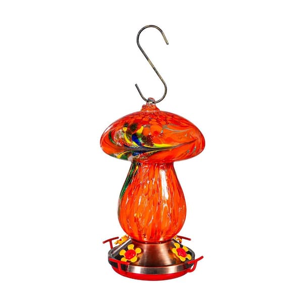 Evergreen Orange Art Glass Mushroom Shape Hummingbird Feeder