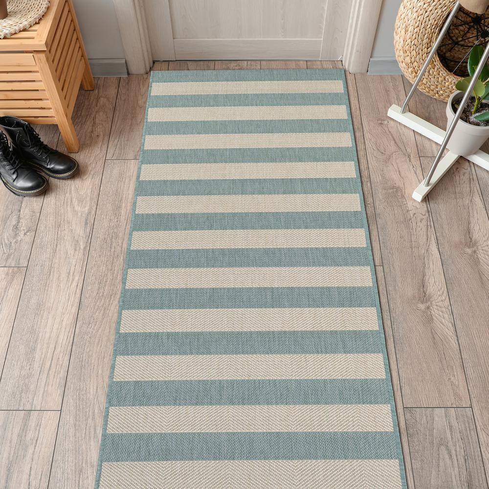 Sea Mist and Ivory Striped Outdoor Runner Rug, 2'2" x 7'10"