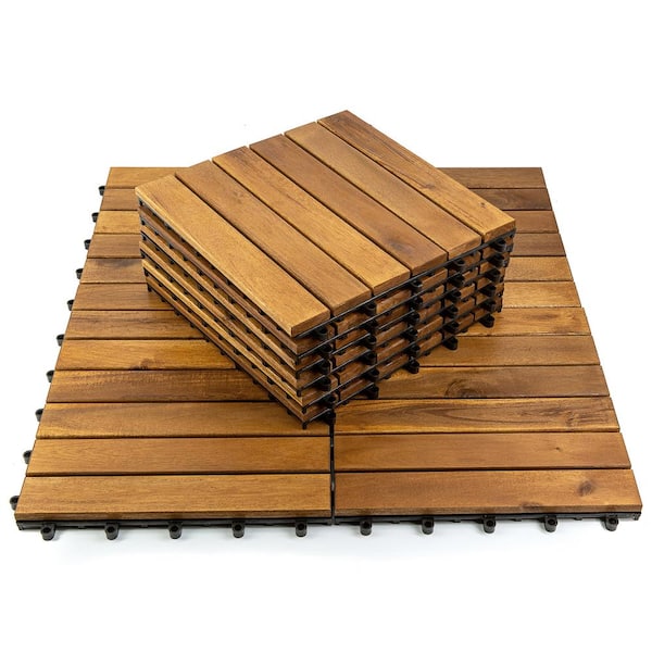 Flybold Acacia Wood Outdoor Flooring Interlocking Wood Tiles 12 x 12