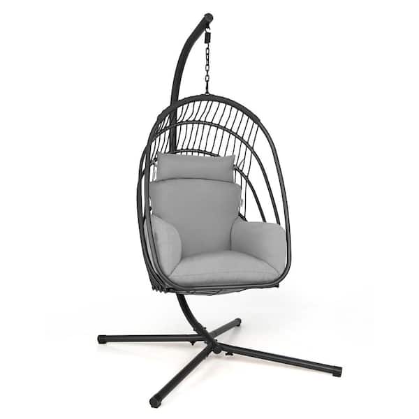 Costway 3.6 ft. Free Standing Hanging Folding Egg Chair Hammock with Stand Soft Cushion Pillow Swing Grey