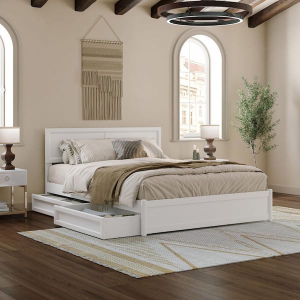 Lylah White Solid Wood Frame Queen Platform Bed with Panel Footboard and Storage Drawers