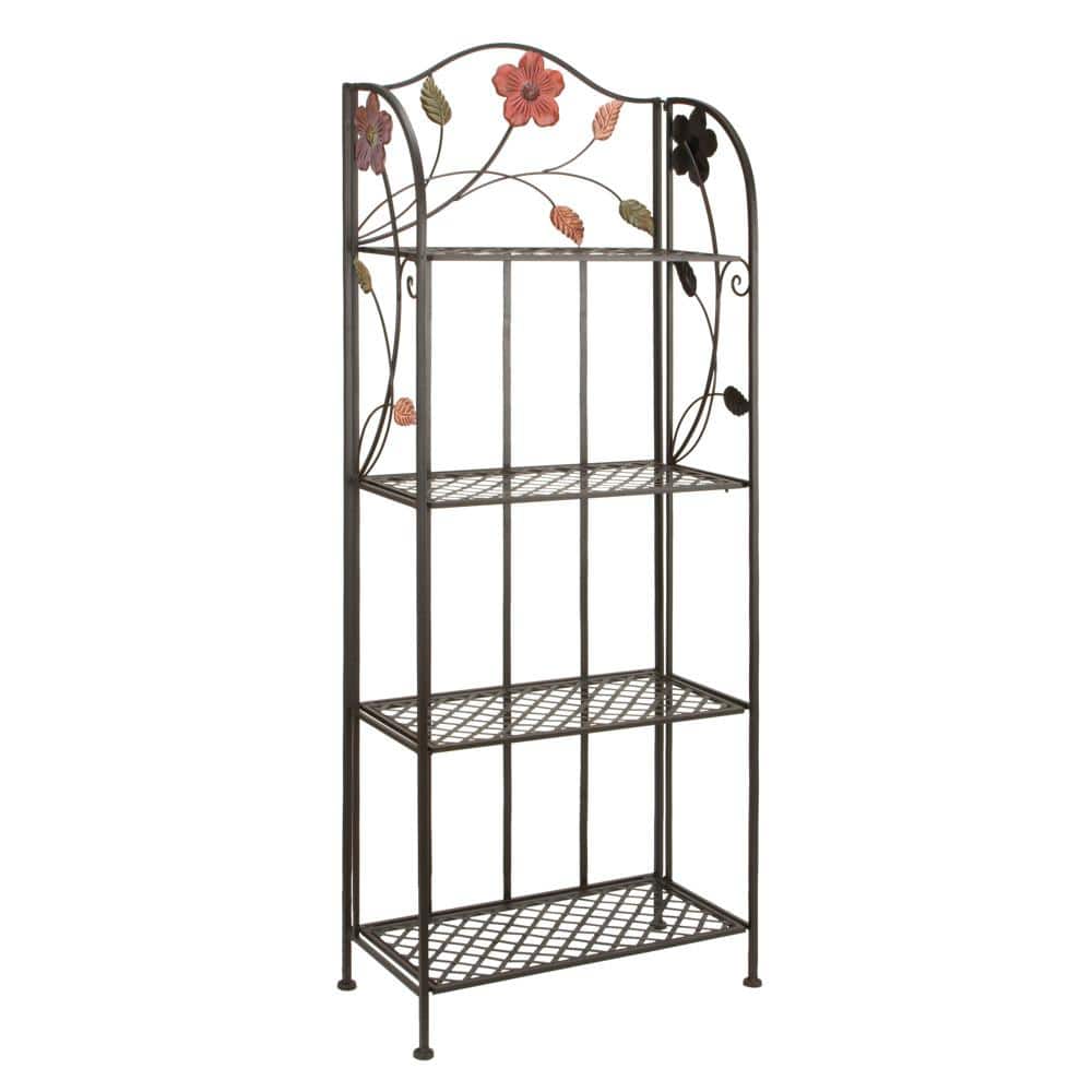 Black Metal Floral Tall Folding Bakers Rack with 4 Shelves