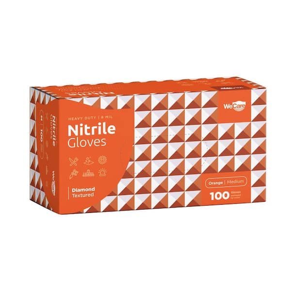 WeCare Medium Heavy-Duty Nitrile Gloves 8 mil with Diamond Texture Grip - Powder and Latex Free Gloves in Orange - (100-Count)
