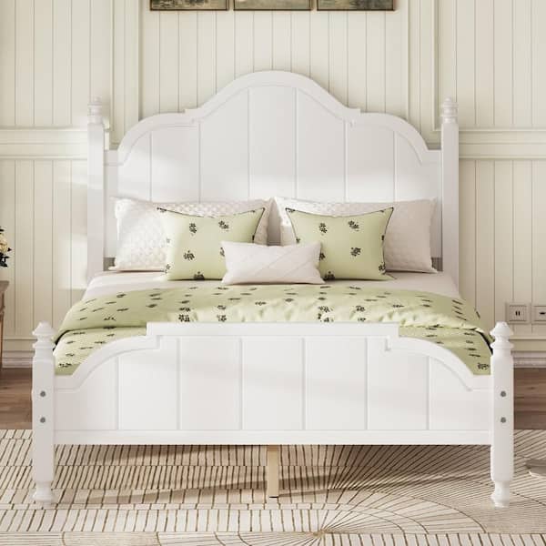 White Wood Frame Full Size Upholstered Platform Bed with Headboard and Slats Support