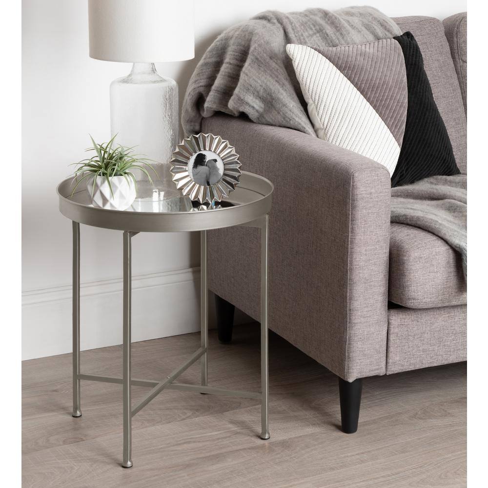 Celia 21'' Silver Metal Foldable Round Accent Table with Mirror Tray