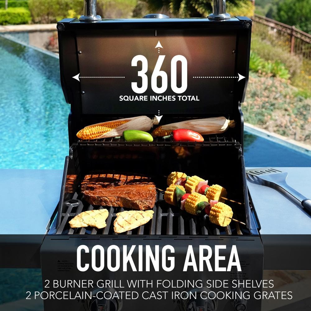 Compact Black Propane Gas Grill with Foldable Side Tables