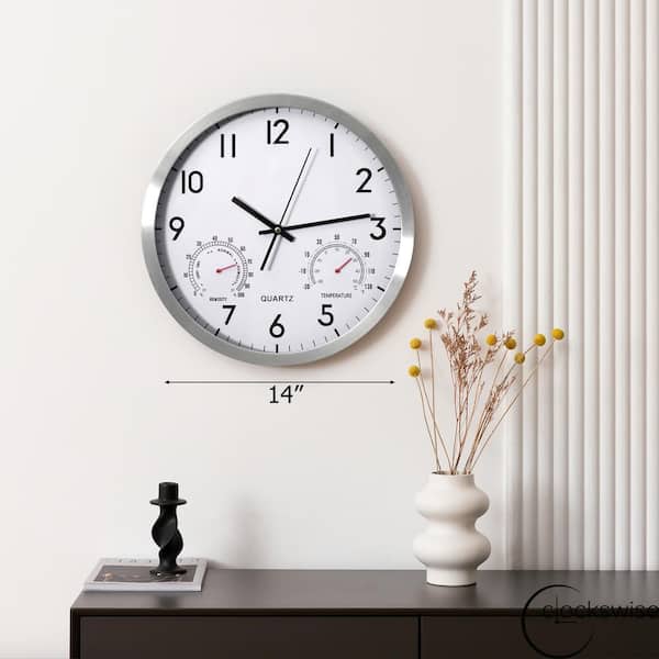 CLOCKSWISE 14 in. Non-Ticking Silver Wall Clock with Thermometer