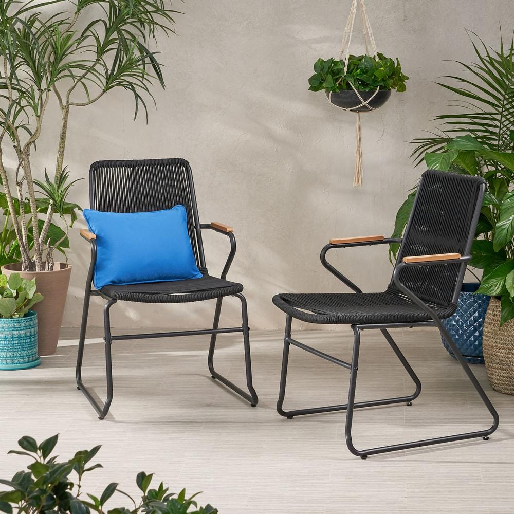 2-Piece Braided Rope Outdoor Club Lounge Chair for Patio Lawn Backyard Blac
