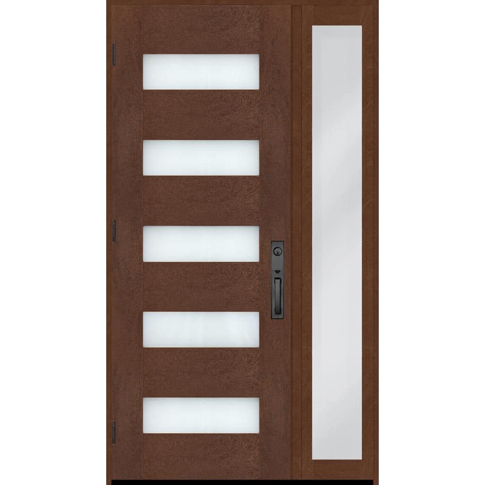 Regency 51 in. x 80 in. 5L Modern Frosted Glass RHOS Chestnut Fiberglass Prehung Front Door w/12 in. SL, 8011BLK Lockset price history on PriceWatchPro