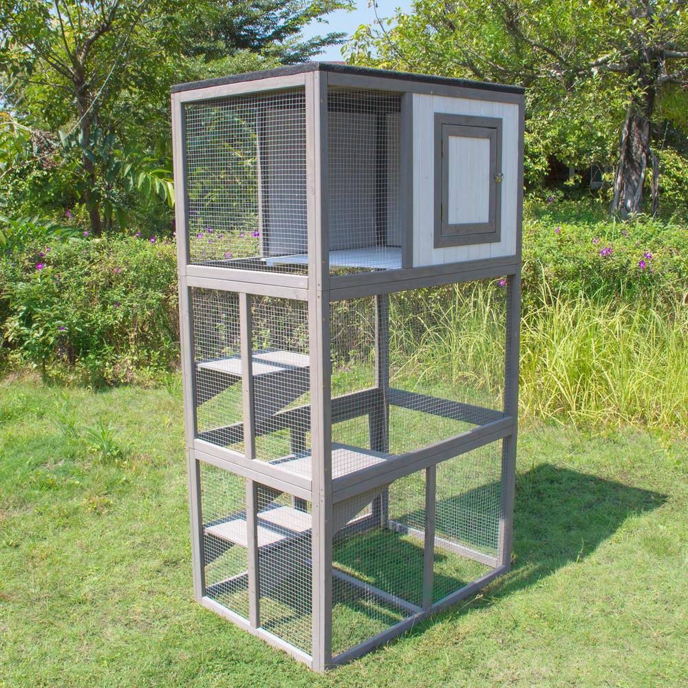 Gray and White Wooden Outdoor Cat House with Climbing Platforms