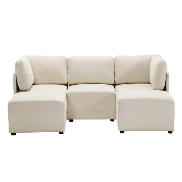 Morden Fort Sectional Modular Couch 5-Piece Beige Linen Living Room Set L Shaped Sofa with Chaise Ottoman