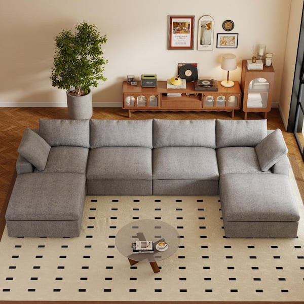 160.6 in. W Square Arm Linen U-Shaped 6-Pieces Modular Free Combination Sofa with Storage Ottoman in Gray