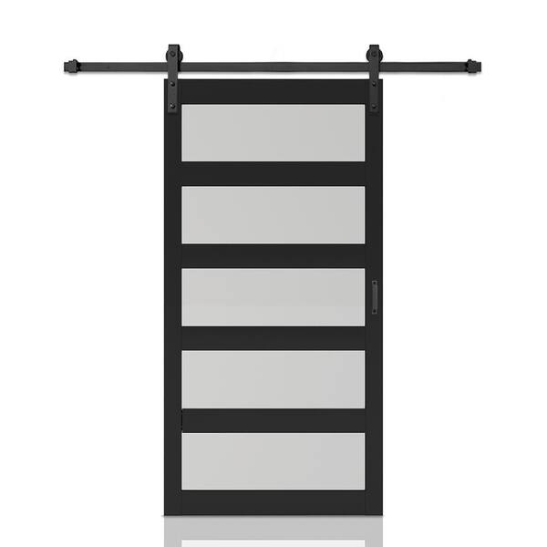 CALHOME 48 in. x 84 in. 5 Lite Tempered Frosted Glass Black Finished Composite Interior Sliding Barn Door with Hardware Kit