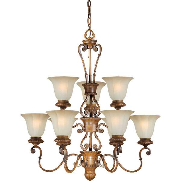 Forte Lighting 9-Light Rustic Sienna Bronze Chandelier with Umber Glass Shade