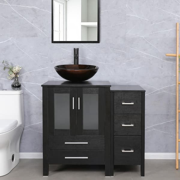 36 in. W x 20 in. D x 32 in. H Single Sink Black Bath Vanity with Brown Glass Top and ORB Faucet Drain Set