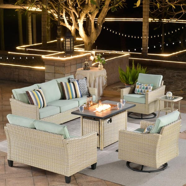 HOOOWOOO Oconee Beige 6-Piece Wicker Outdoor Patio Conversation Sofa Loveseat Set with a Fire Pit and Light Green Cushions