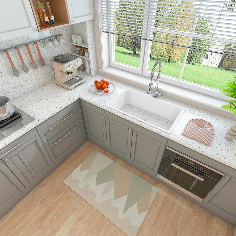 32" White Fireclay Drop-In Single Bowl Kitchen Sink with Drainboard
