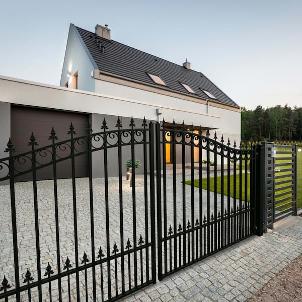 Prague Style 14 ft. x 6 ft. Black Steel Dual Driveway Fence Gate