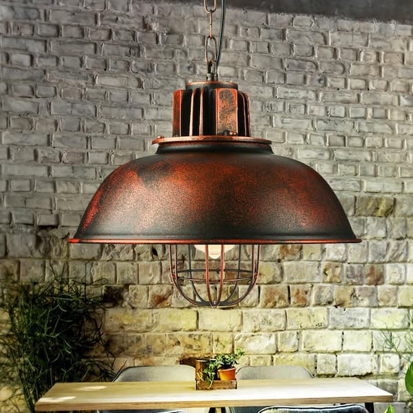 OUKANING 1-Light Rust Retro Farmhouse Industrial Cage Pendant