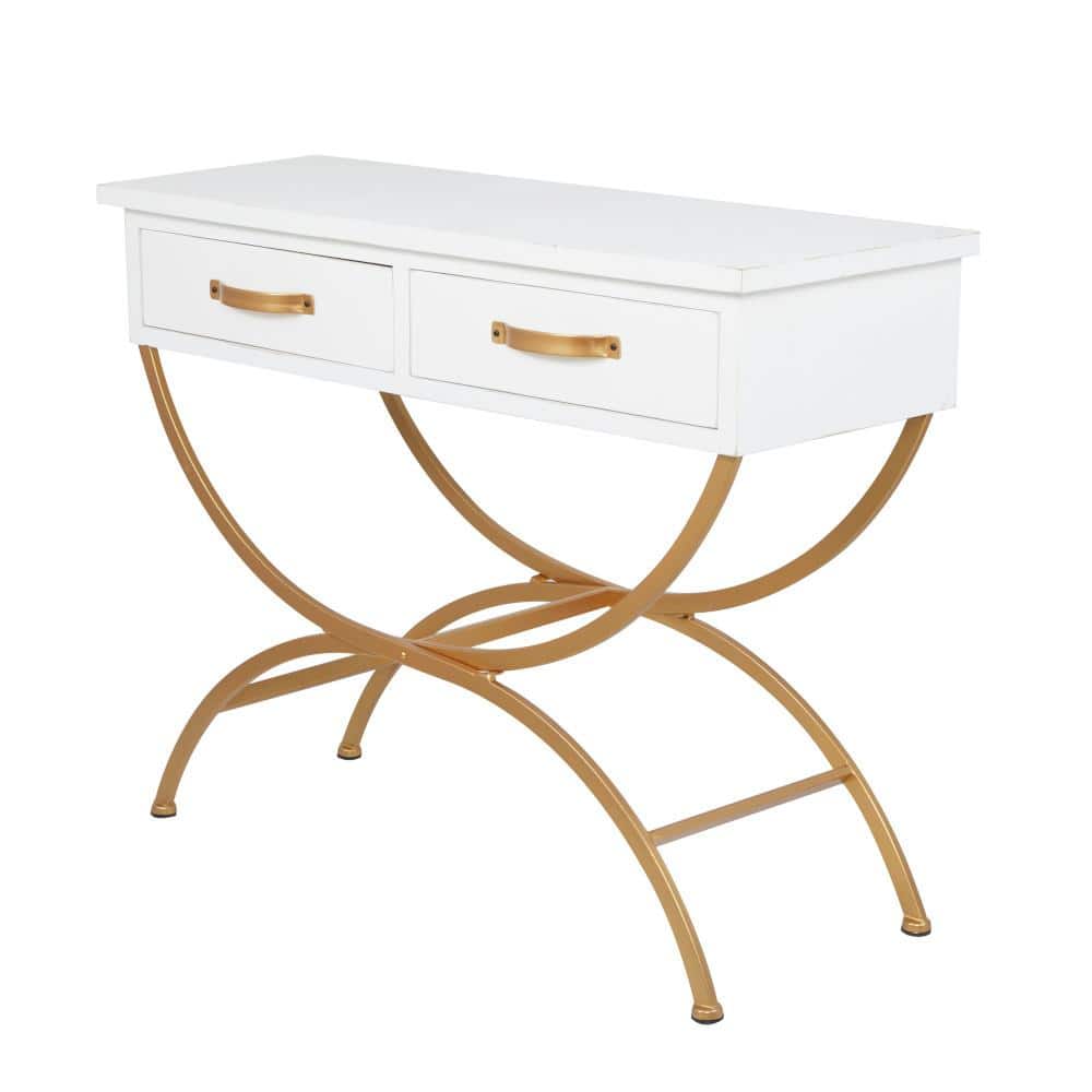 Sleek Pine & Metal Console Table with Dual Storage Drawers, White & Gold