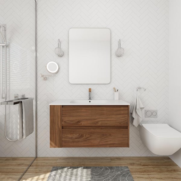 FUNKOL 36 in. W x 18.1 in. D x 19.4 in. H Simplicity Modern Float Mount Bathroom Vanity in Brown with 1 Gel Sink and Side Shelf