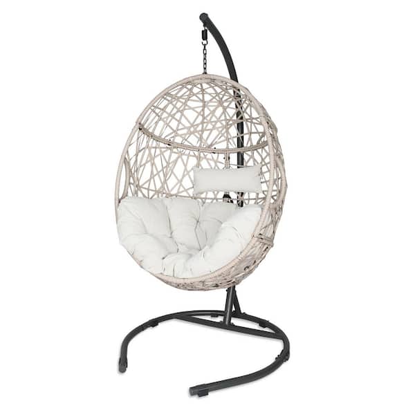 ULAX FURNITURE Outdoor Wicker Egg Hanging Hammock Chair with Stand and Beige Cushion