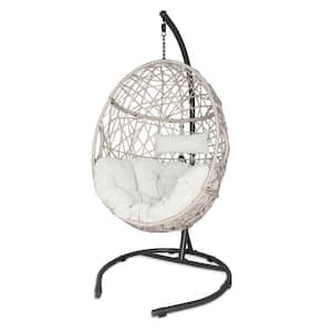 Patio Outdoor Wicker Hammock Egg Hanging Chair with Stand and Beige Cushion