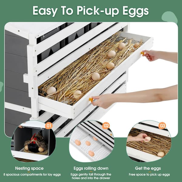 18.5 in. W x 47 in. L x 35.4 in. H 8 Compartments Roll Out Egg Collection Drawers Wooden Chicken Nesting Box, Gray