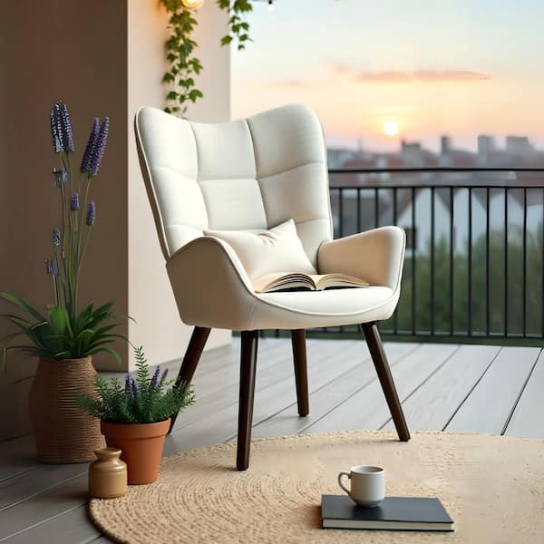 Homy Casa KANAS Modern White Wingback Accent Chair with Skin-Friendly Fabric, Adjustable Foot Pads, and Tapered Wood Legs