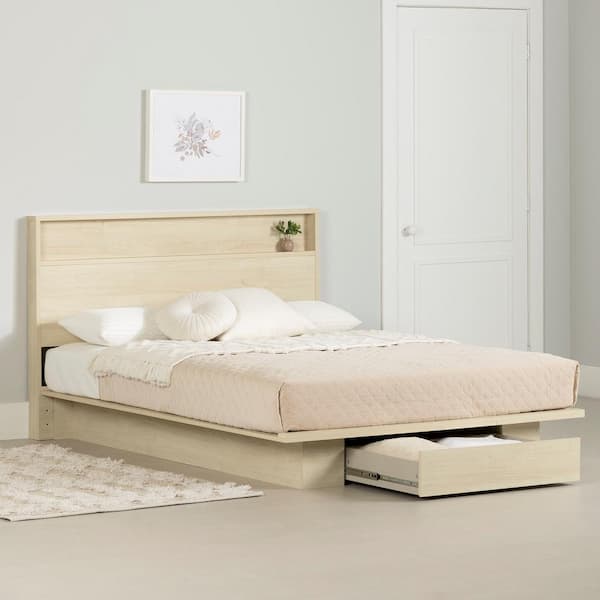 South Shore Fusion Beige Particle Board Frame Full Size Panel Bed with Storage and a Headboard
