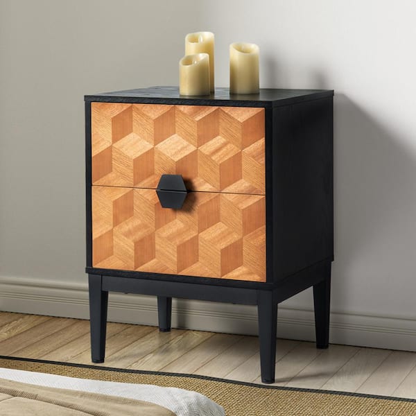 Pulang Modern Black 2-Drawer 25 in. Tall Nightstand with Charging Station and Adjustable Legs