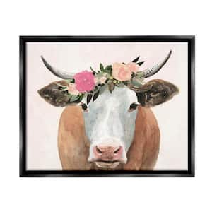 Springtime Flower Crown Farm Cow with Horns by Victoria Borges Floater Frame Animal Wall Art Print 25 in. x 31 in.