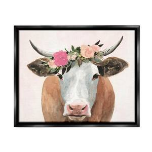 Springtime Flower Crown Farm Cow with Horns by Victoria Borges Floater Frame Animal Wall Art Print 25 in. x 31 in.