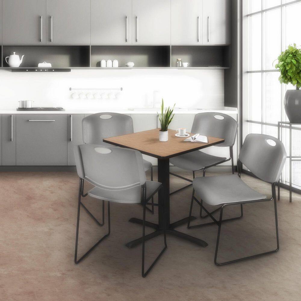 Cain 30 in. Noble Oak Square Breakroom Table Desk and 4 Zeng Stack Chairs-Grey