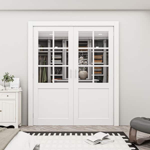 56 in. x 80 in. 6 Lite Decorative Clear Glass Finished Wood French Door without Jamb Interior Door Slab with Ball Catch