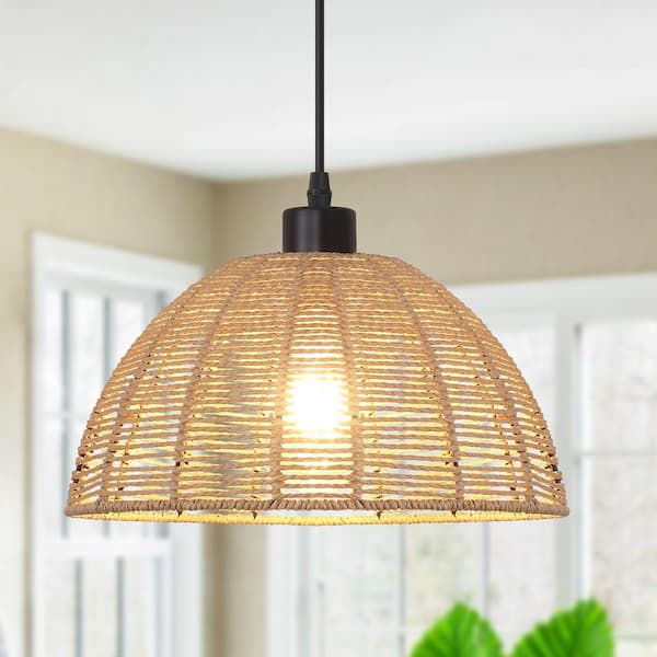 LWYTJO 60 -Watt 1-Light Brown Shaded Pendant Light with Rattan Dome Shade, No Bulbs Included