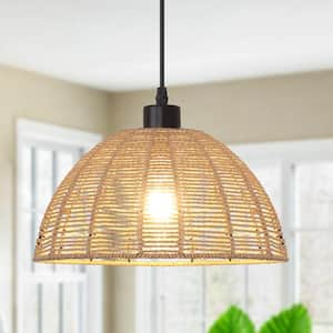 60 -Watt 1-Light Brown Shaded Pendant Light with Rattan Dome Shade, No Bulbs Included