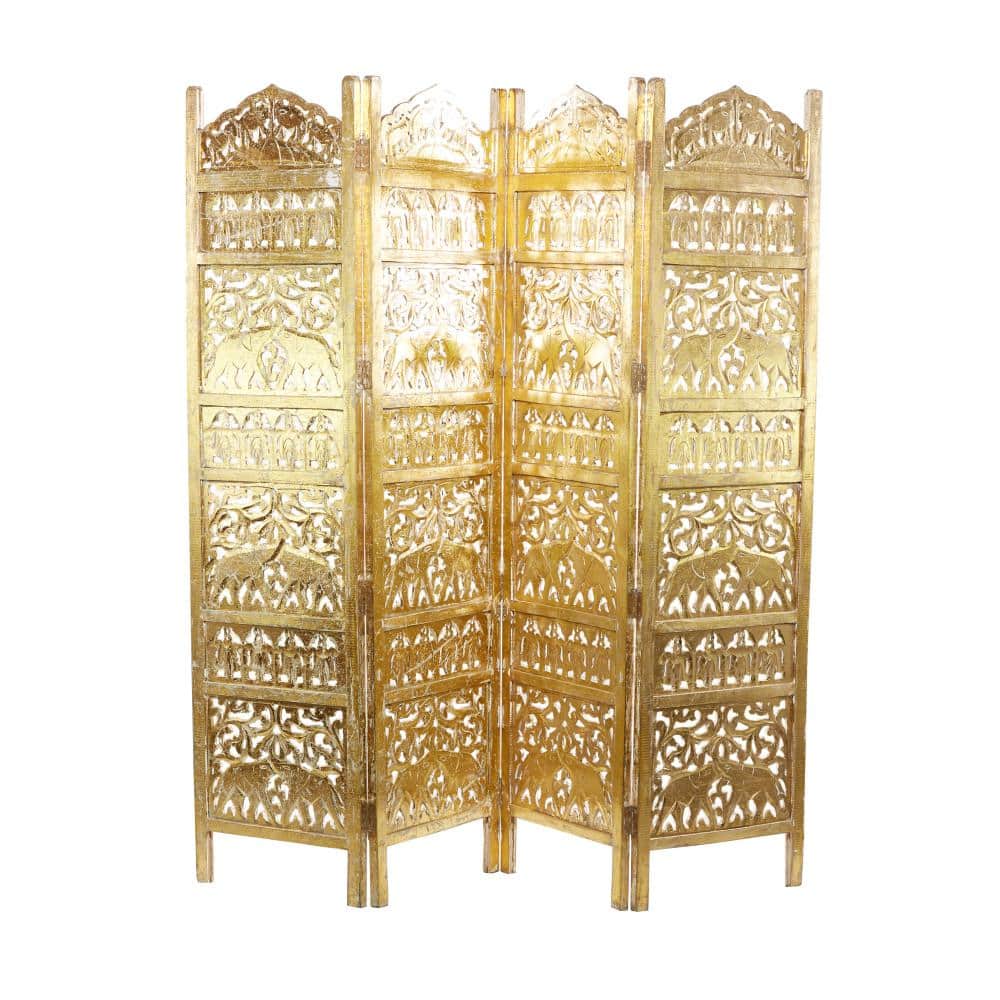 Gold Wooden Carved Elephant 4-Panel Folding Privacy Screen