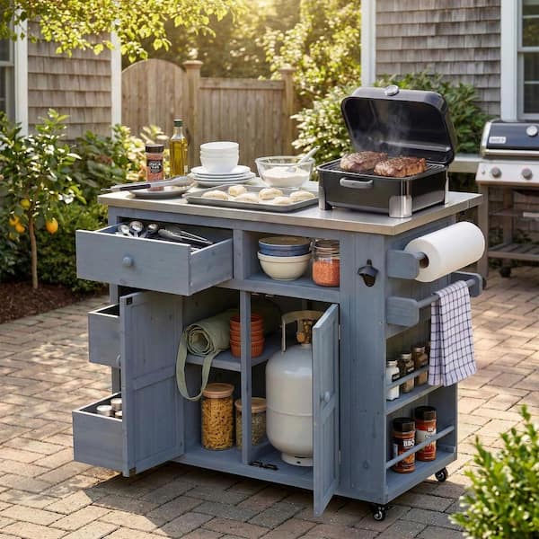 Gray Stainless Steel Top Kitchen Cart with Side Spice Rack, Drawers, Storage Cabinet