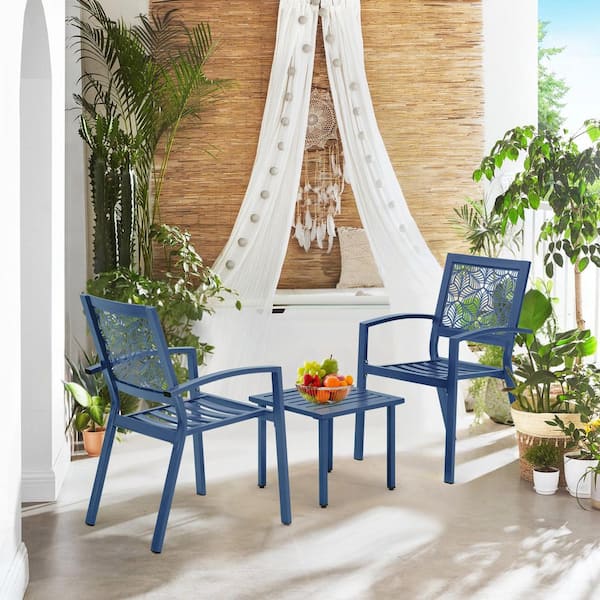 HOMMOW 3-Piece Metal Outdoor Bistro Set, Waterproof Patio Serving Bar Set w/ Floral Back Design Chairs and Table, Peacock Blue